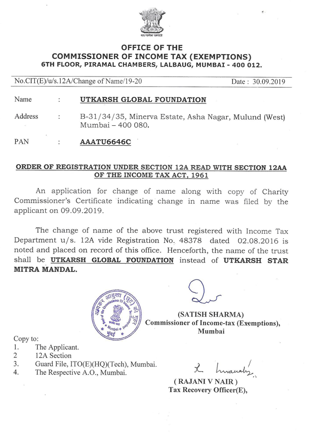 Order for Change of Name – 12A of Utkarsh Global Foundation